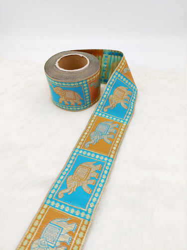 Beige Shimmer Jacquard Brocade Saree Border Trim with Elephant Woven in Brown and Blue, 9 Yards